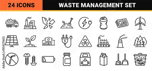 Waste Management and Recycling Sustainability Icon Set Featuring Ultra-Minimalist Geometric Line Art and Commercial Vector Outline Symbols