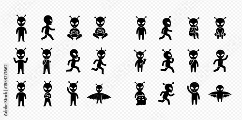 Set of black alien icons in various poses, including walking, running, sitting, and flying, on a transparent background.