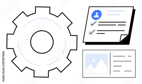 Gear beside person profile and checklist with checkmarks, emphasizing efficiency, settings, and task delegation. Ideal for collaboration, productivity, project planning, system process, organization