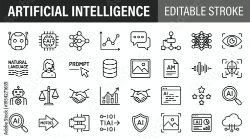 Artificial intelligence concept with futuristic robot and neural network in black and white illustration