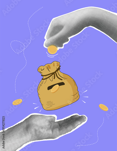 Money bag between two hands in halftone style