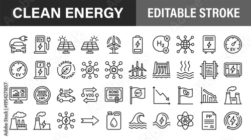Black and white illustration of clean energy concept with eco friendly symbols and sustainable power generation