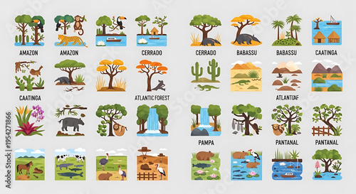 A colorful vector graphic illustration of various Brazilian biomes and their characteristic flora and fauna