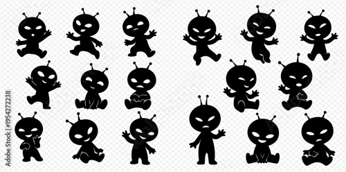 Collection of cute alien creature silhouettes in various poses, perfect for playful and whimsical designs.