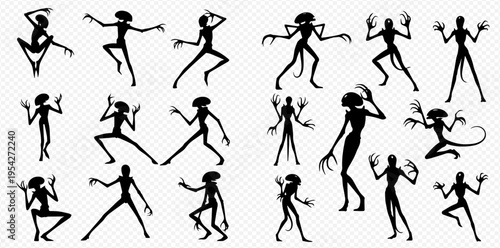 Set of black alien silhouettes in various poses, depicting extraterrestrial beings with elongated limbs and menacing claws, suitable for sci-fi and horror themes.