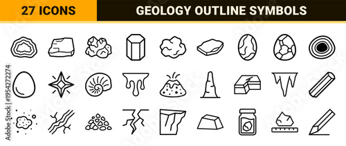 Geological Mineral Specimens and Raw Gemstone Ultra-minimalist Monoline Outline Icons for Scientific Research and Luxury Jewelry Branding