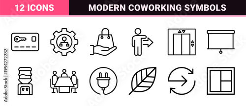 Coworking Space and Shared Office Management Linear Icons. Ultra-minimalist Monoline Geometric Symbol Set for Professional Workspace Utility.
