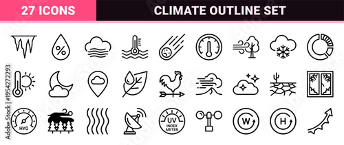 Professional Meteorology Outline Icon Set featuring Ultra-Minimalist Geometric Line Art for Weather Forecasting and Climate Monitoring Apps