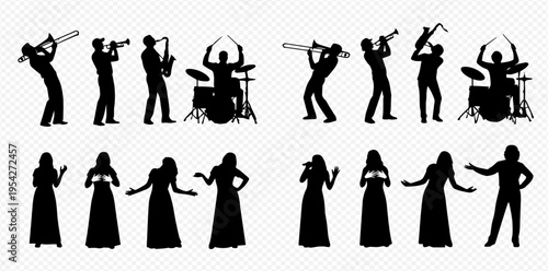 Silhouettes of musicians and singers performing with various instruments, perfect for music-themed designs.