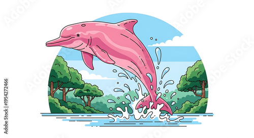 A vibrant pink dolphin jumping out of the water in a playful illustration