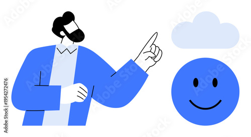 Communication concept. Communication is portrayed with a person gesturing towards a smiling face and cloud symbol. Communication signifies connection, positivity, and sharing. For teamwork, learning
