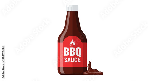 BBQ sauce bottle with a red label and a spill, vector illustration isolated on a white background.
