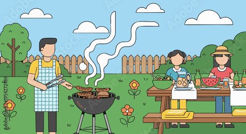Vector illustration of a family enjoying a summer backyard barbecue party on a sunny day.