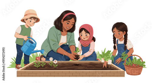 Diverse mother and children planting vegetables in a raised garden bed. Vector illustration of a family gardening.