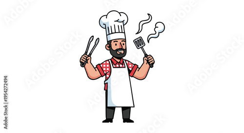 Smiling barbecue chef character holding tongs and a spatula. Cartoon vector illustration isolated on a white background.
