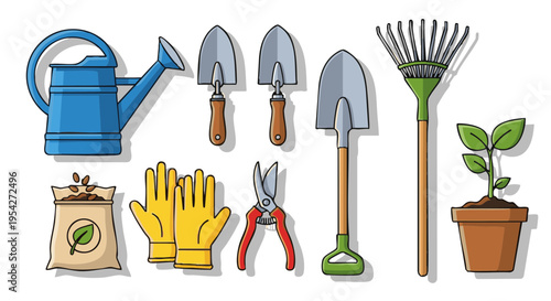 Garden tools collection with watering can, shovel, and seedling. Vector illustration set isolated on white.