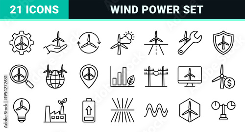 Sustainable Wind Energy and Renewable Infrastructure Icons featuring Ultra-Minimalist Geometric Line Art for Eco-Friendly Industrial Utility