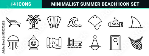 Coastal Marine Life and Summer Travel Ultra-Minimalist Monoline Geometric Line Art Symbols for Modern Branding and Nautical Interface Design