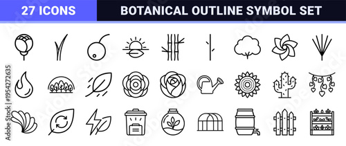 Botanical Nature Line Art Symbols for Sustainable Branding and UI Design Featuring Ultra-Minimalist Geometric Organic Outlines and Eco Icons.