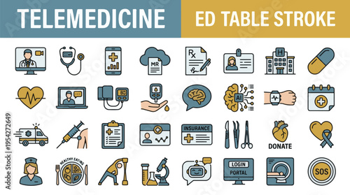 Telemedicine concept with doctor and patient on screen with stethoscope and medical symbols around