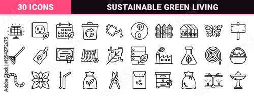 Sustainable Lifestyle and Green Energy Ultra-Minimalist Monoline Icon Set for Eco-Conscious Branding and Environmental Design Projects.