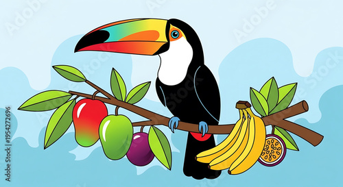 A colorful cartoon toucan perched on a branch with fruit against a blue background