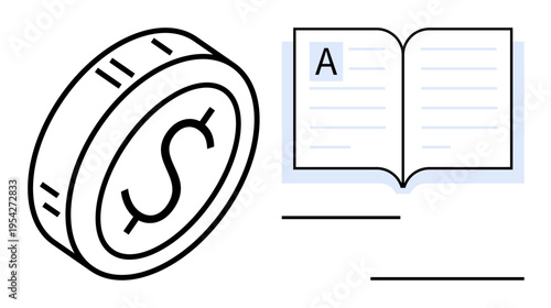 Financial literacy, education, money management, learning resources, personal finance, and knowledge sharing. Coin with a dollar sign and an open book. Financial literacy and education concept