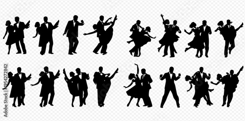 Collection of black silhouettes of dancing couples in various poses on a transparent background.
