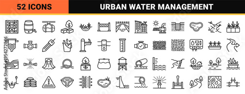 Sponge City Sustainable Infrastructure Icons - Ultra-Minimalist Monoline Geometric Line Art for Urban Water Management and Eco-Engineering