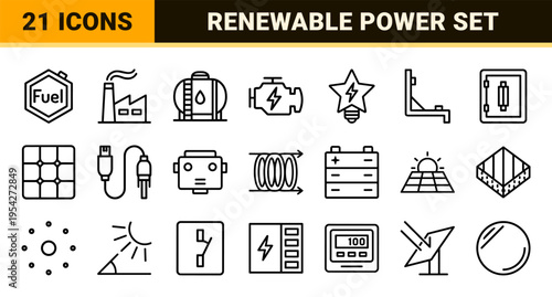 Solar Energy Technology and Renewable Power Infrastructure Ultra-minimalist Monoline Vector Icon Set for Sustainable Industry and Clean Tech Design.