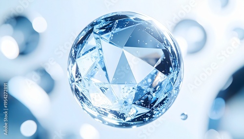 ライトブルーに輝くホワイトクリスタル分子とガラス質の透明感が美容成分の浸透を描く高精細ビジュアル ジェネレーティブAI