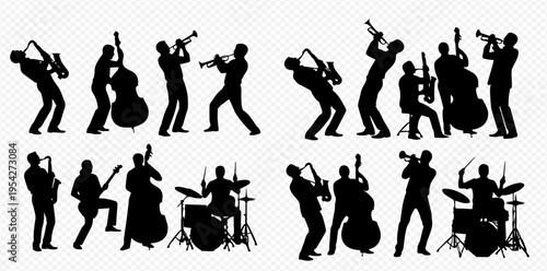 Jazz Band Musicians Silhouettes Playing Instruments in Dynamic Poses.