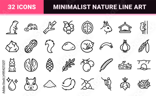 Wilderness Chipmunk and Forest Rodent Ultra-Minimalist Monoline Icon Set featuring Geometric Line Art for Wildlife Education and Nature Apps