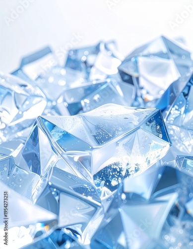 氷の結晶を思わせるクリスタル構造と水分粒子の輝きを表現したクリーンで未来的なスキンケアイメージ ジェネレーティブAI