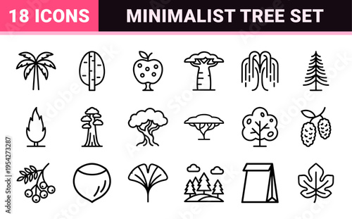 Arboreal Nature and Forestry Minimalist Monoline Icon Set for Ecology Branding and Environmental Design Graphic Assets