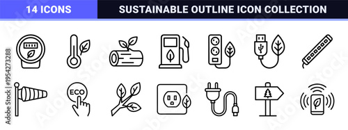Sustainable Green Energy and Environmental Conservation Ultra-Minimalist Monoline Vector Icon Set for Eco-Technology and Renewable Resources.