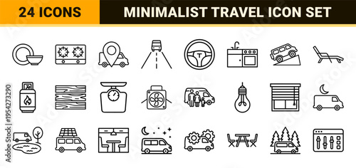 Nomadic Lifestyle and Camper Van Travel Essentials Ultra-Minimalist Monoline Geometric Outline Icon Set for Mobile Apps and Digital Design