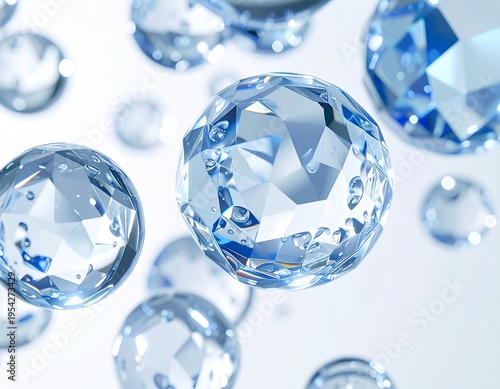 透明なカット構造球体に包まれた水分粒子が輝く先端美容テクノロジーのマクロイメージ ジェネレーティブAI