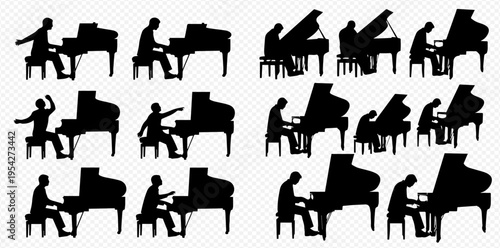 Collection of various silhouettes of a person playing a grand piano in different poses and angles, depicting musical performance and artistry.