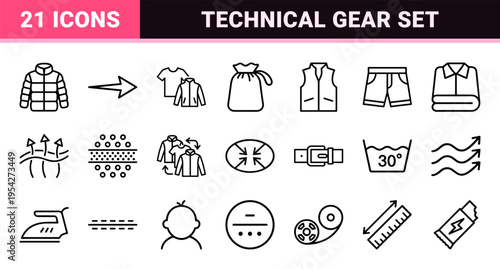 Technical Outdoor Apparel and Layering System Minimalist Outline Icon Set featuring Weatherproof Jackets Gear and Textile Performance Symbols