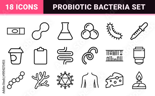 Microbiology and Probiotic Bacteria Ultra-minimalist Monoline Icon Set featuring Geometric Line Art for Healthcare and Science Applications.