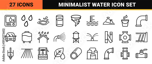 Rainy Weather and Water Management Minimalist Vector Line Icons with Professional Geometric Visual DNA for Meteorological and Hydraulic UI Design