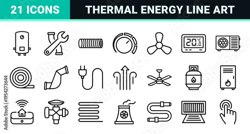 HVAC System and Thermal Climate Control Ultra-Minimalist Monoline Icons Featuring Smart Heating Cooling and Ventilation Geometric Line Art