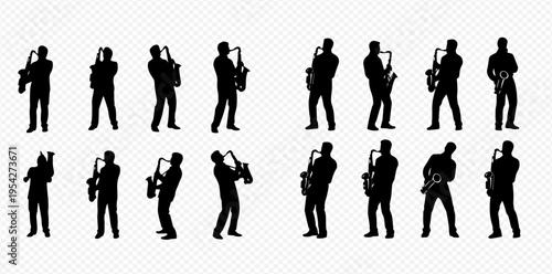 Set of black silhouettes of musicians playing saxophone, isolated on a white background, in various poses, for music and jazz themes.