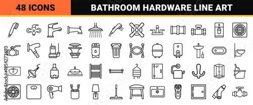 Plumbing Fixtures and Sanitary Ware Minimalist Line Icons; Modern Bathroom Faucet and Kitchen Tap Outline Vector Set for Interior Design Schematics.