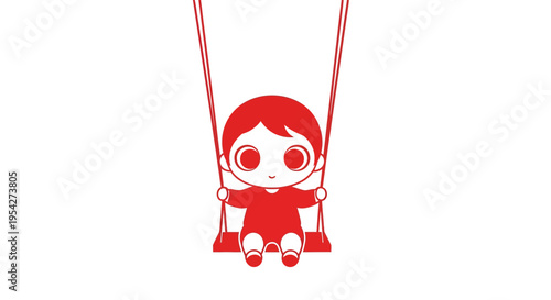 Minimalist charming illustration of a red figure child on a swing enjoying playtime joyfully