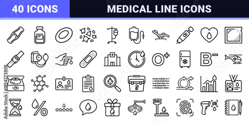 Hematology and Blood Donation Ultra-Minimalist Monoline Icon Set featuring Geometric Line Art Symbols for Medical and Healthcare Design
