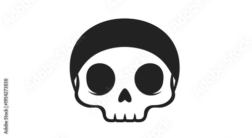 Minimalist monochrome illustration of a skull with a distinctive head covering design