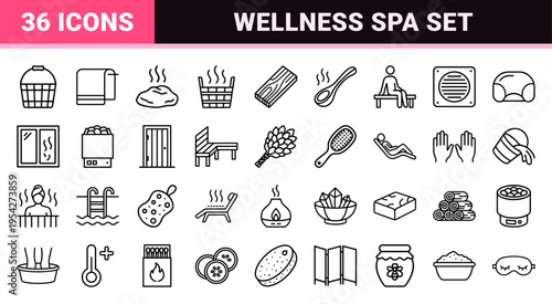 Wellness Sauna Spa and Steam Room Line Art Icons Featuring Minimalist Monoline Symbols for Finnish Bath Culture and Luxury Self Care Therapy