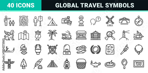 Museum and Global Heritage Tourism Icon Set featuring Ultra-Minimalist Monoline Symbols for Travel Navigation, History, and Art Curation.
